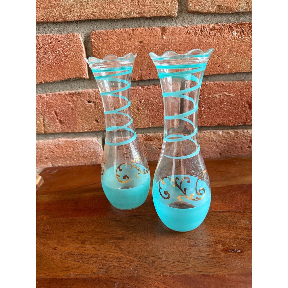 Vintage Midcentury Art Glass Vases – Aqua Spiral Swirl, Gold Scroll Accents